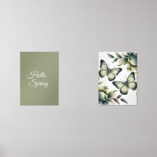 Sage Green Botanical Hello Spring & Butterfly Wall Art Sets