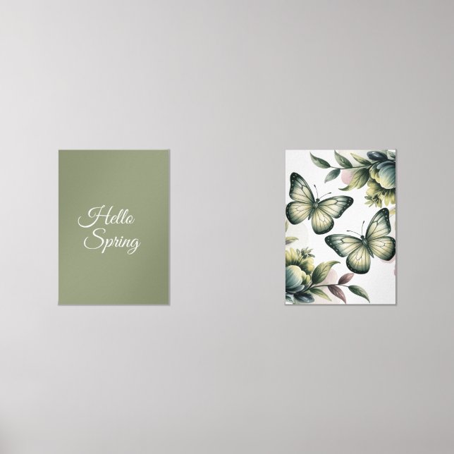 Sage Green Botanical Hello Spring & Butterfly Wall Art Sets (Front)