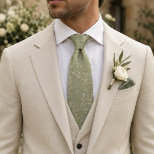Sage Green Botanical Jacquard Quiet Luxury Groom Neck Tie