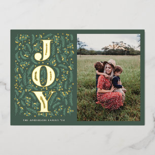 Sage green botanical JOY illustration photo gold Foil Invitation