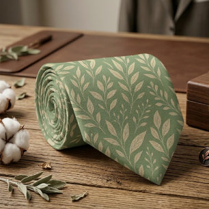 Sage Green Botanical Leaf  Neck Tie