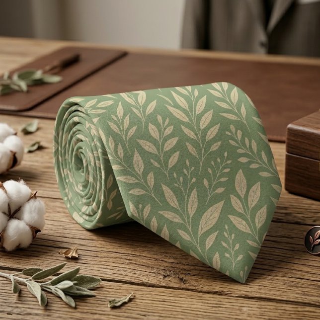 Sage Green Botanical Leaf  Neck Tie (Creator Uploaded)