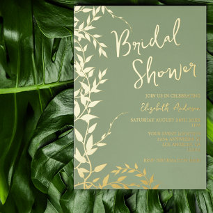 Sage Green Botanical Leaves Bridal Shower Foil Invitation