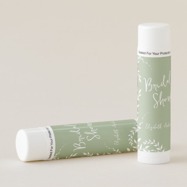 Sage Green Botanical Leaves Bridal Shower Lip Balm (Front)