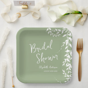 Sage Green Botanical Leaves Bridal Shower Paper Plates