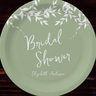 Sage Green Botanical Leaves Bridal Shower Paper Plates