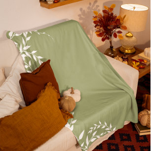 Sage Green Botanical Leaves Fleece Blanket