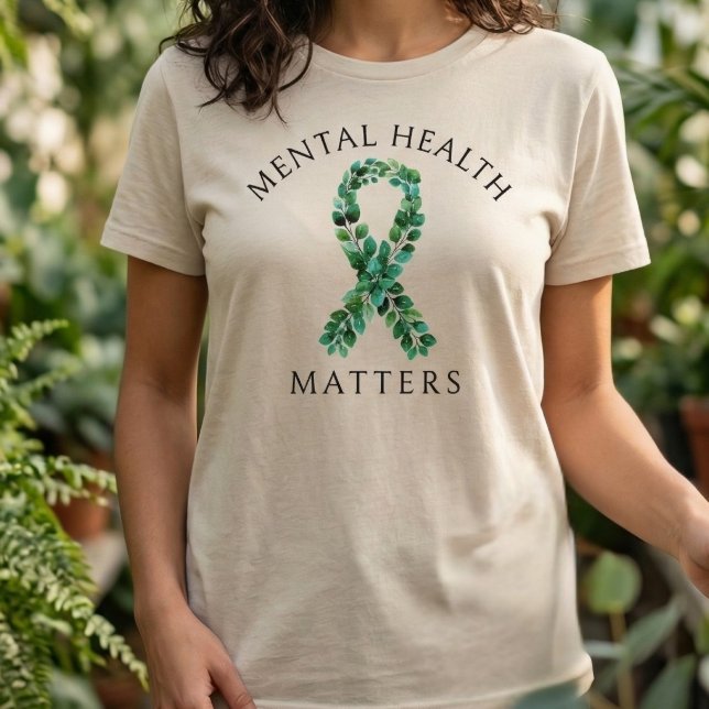 Sage Green Botanical Mental Health Matters Ribbon T-Shirt (sage_green_botanical_mental_health_matters_ribbon_t_shirt)