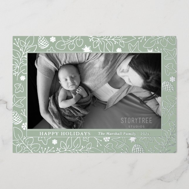 Sage Green Botanical Merry Christmas Rose Gold Foil Holiday Card (Front)