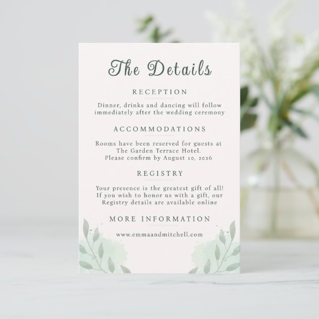 Sage Green Botanical Minimal Wedding Details Enclosure Card (Standing Front)