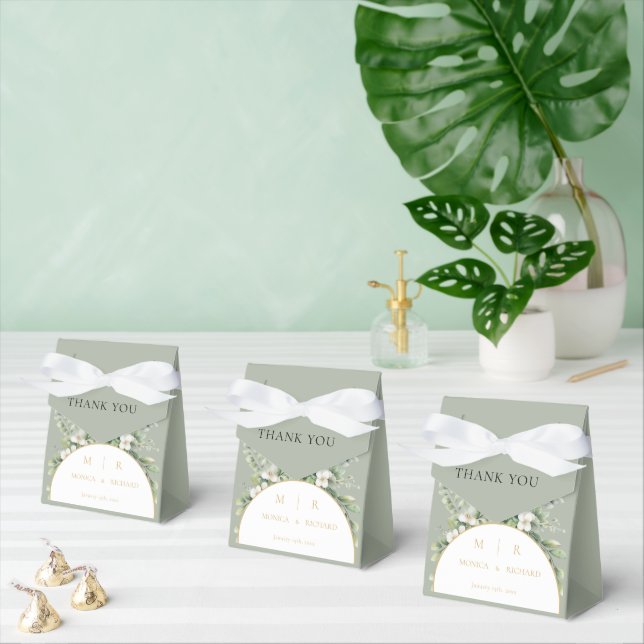 Sage Green Botanical Monogram Wedding Favor Boxes (Multiple)