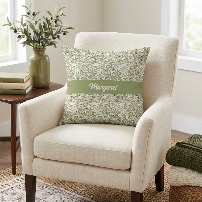 Sage Green Botanical Olive Branch Pattern Throw Pillow (Sage Green MONOGRAM Botanical Olive Branch Pattern Throw Pillow)