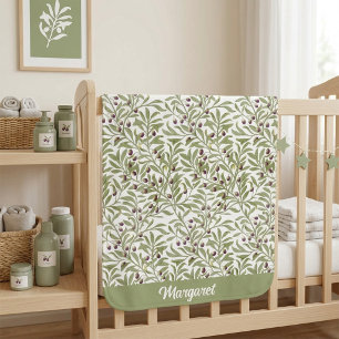 Sage Green Botanical Olive Leaf Pattern Baby Blanket
