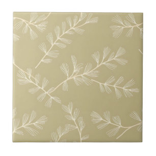Sage Green Botanical Pattern Cream Hand Drawn Leaf Ceramic Tile