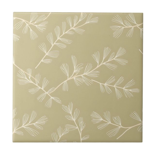 Sage Green Botanical Pattern Cream Hand Drawn Leaf Ceramic Tile (Front)