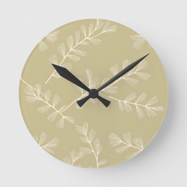 Sage Green Botanical Pattern Cream Hand Drawn Leaf Round Clock (Front)