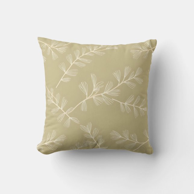 Sage Green Botanical Pattern Cream Hand Drawn Leaf Throw Pillow (Front)