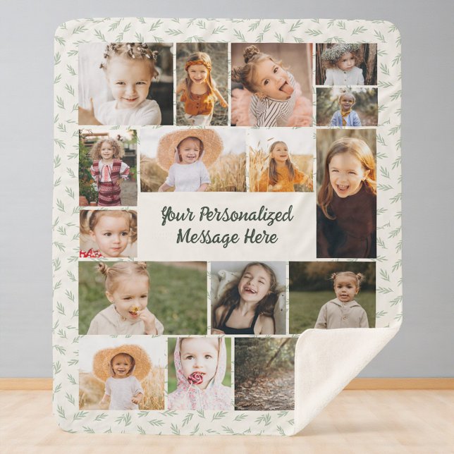 Sage Green Botanical Personalized 16 Photo Collage Sherpa Blanket (Creator Uploaded)