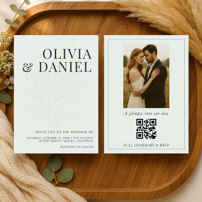 Sage Green Botanical Photo QR Code Wedding Invitation (Creator Uploaded)