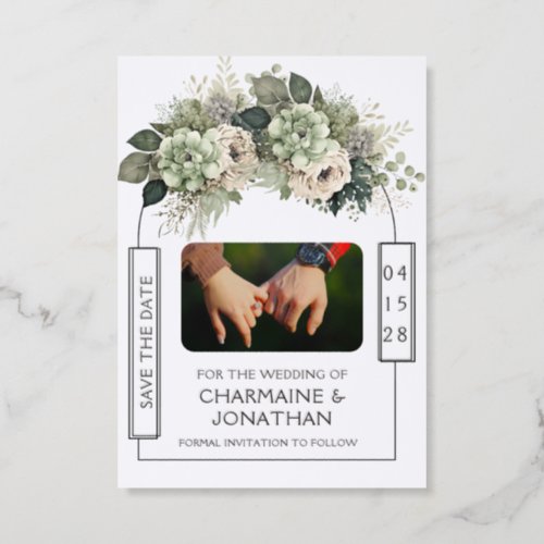 Sage Green Botanical Photo Save the Date | Letterpress Photo Cards