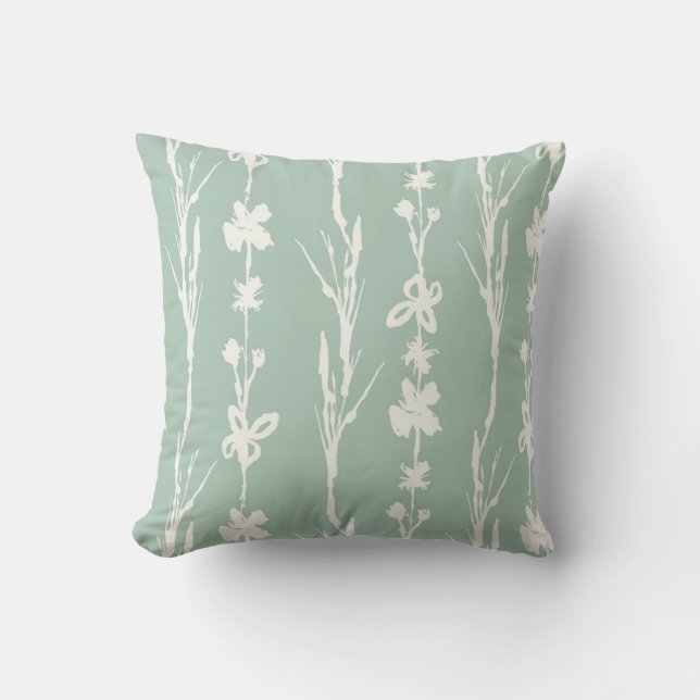 Sage Green Botanical Print Farmhouse Style Throw Pillow (Front)