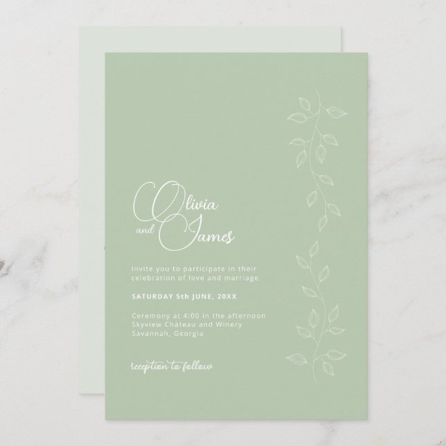 Sage Green Botanical QR Code Wedding Invitation (Front/Back)