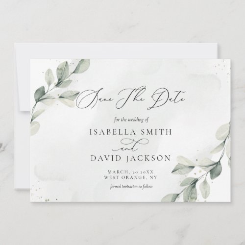 Sage Green Botanical Rustic Eucalyptus Barn  Save The Date