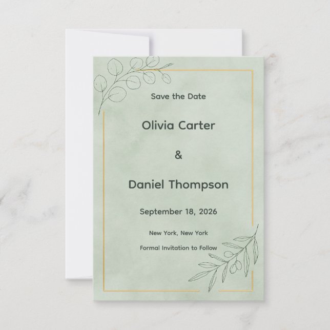 Sage Green Botanical Save the Date Card (Front)