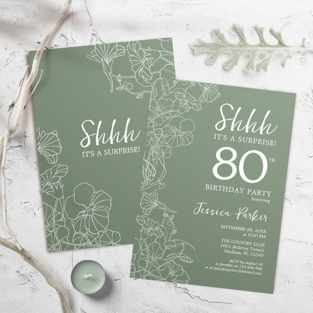 Sage Green Botanical Surprise 80th Birthday Invitation (Creator Uploaded)