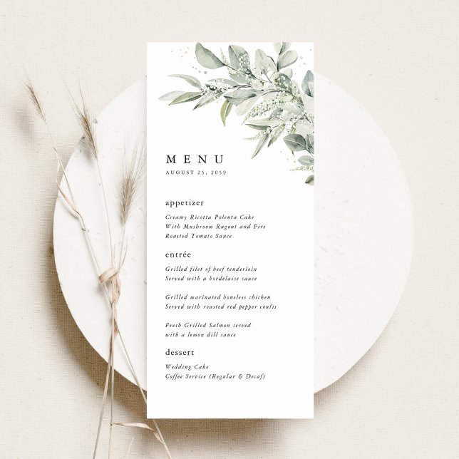 Sage Green Botanical Watercolor Wedding Dinner Menu (Sage green botanical watercolor wedding menu card, elegant minimalist reception stationery)