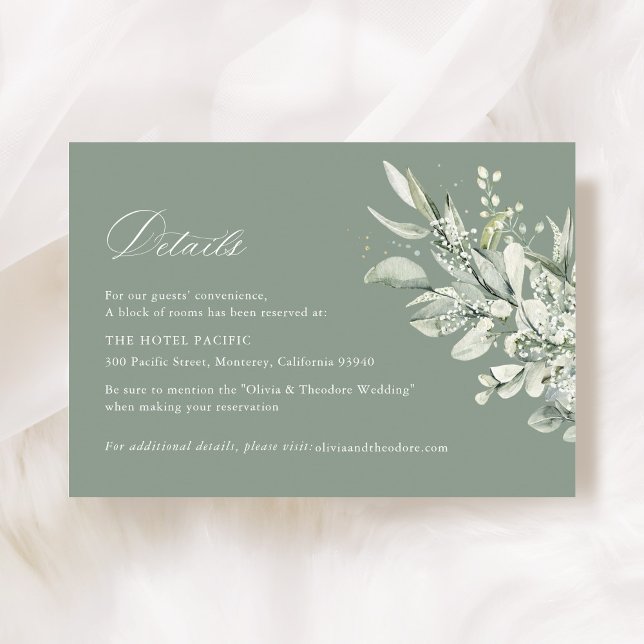 Sage Green Botanical Wedding Accommodation Enclosure Card (Sage green botanical wedding accommodation card, watercolor greenery, modern classic suite flat lay)