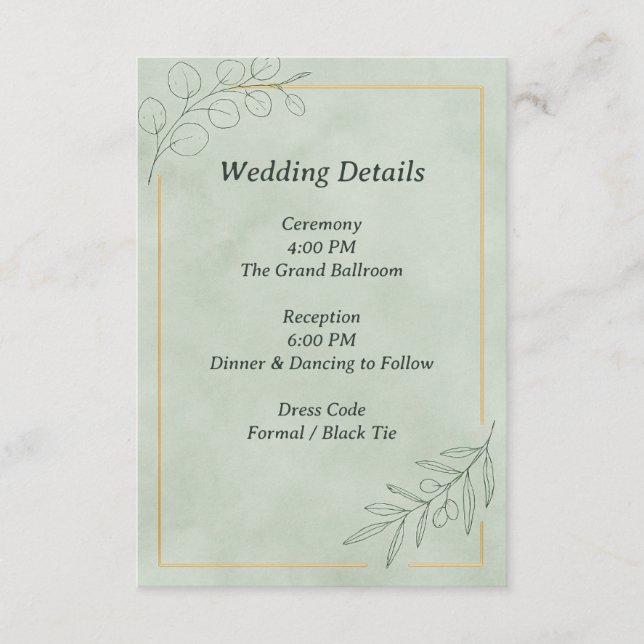 Sage Green Botanical Wedding Details Card (Front)