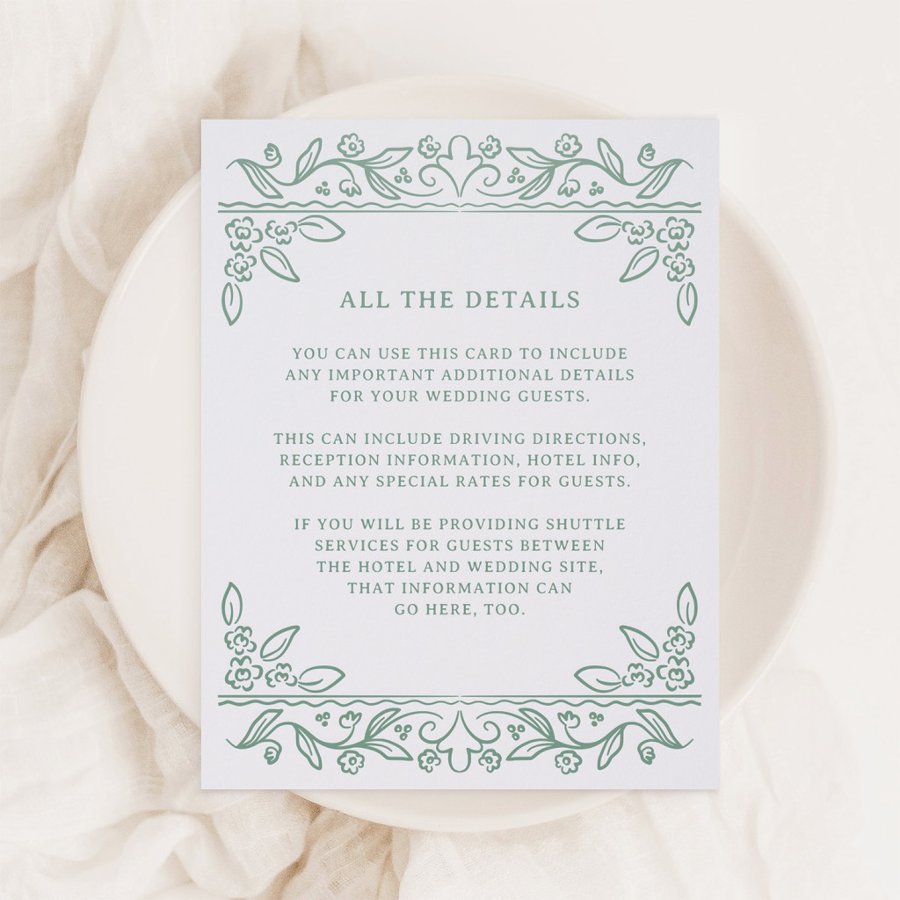 Sage Green Botanical | Wedding Guest Details Letterpress Enclosure Card