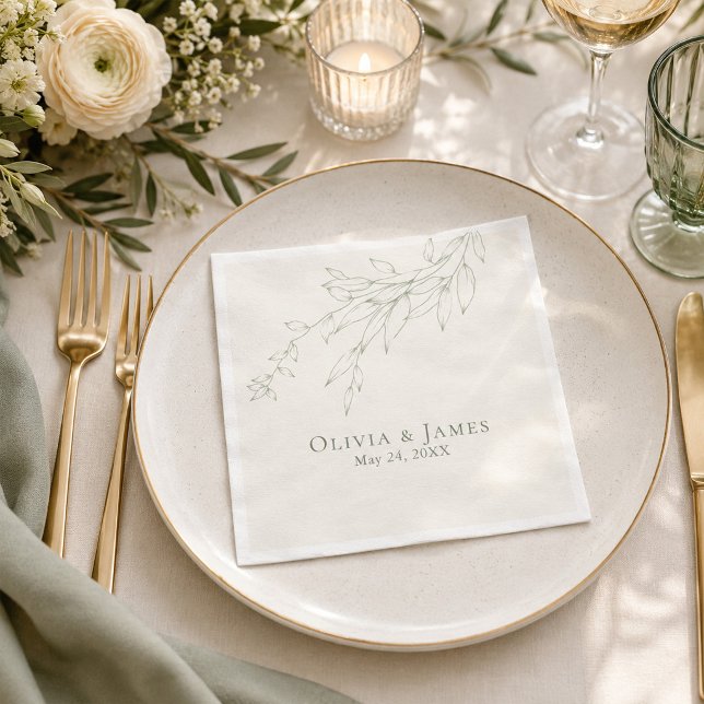 Sage Green Botanical Wedding Napkin (Sage Green Botanical Wedding Napkin on an elegant  wedding dinner table)