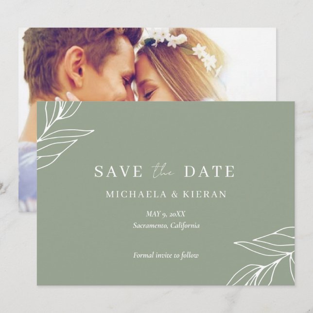 Sage Green Botanical Wedding Photo Save The Date (Front/Back)