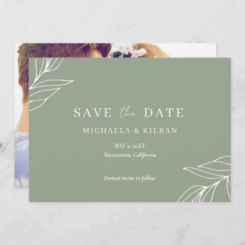 Sage Green Botanical Wedding Photo Save The Date