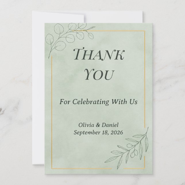 Sage Green Botanical Wedding Thank You Card (Front)