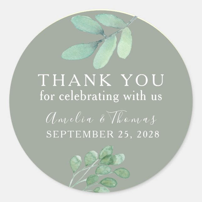 Sage Green Botanical Wedding Thank You Sticker (Front)