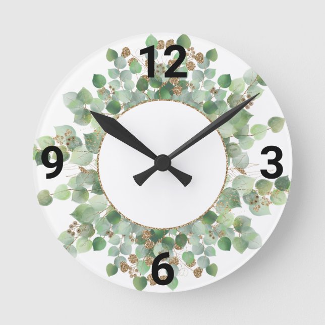Sage Green Botanical White Gold WALL CLOCK (Front)