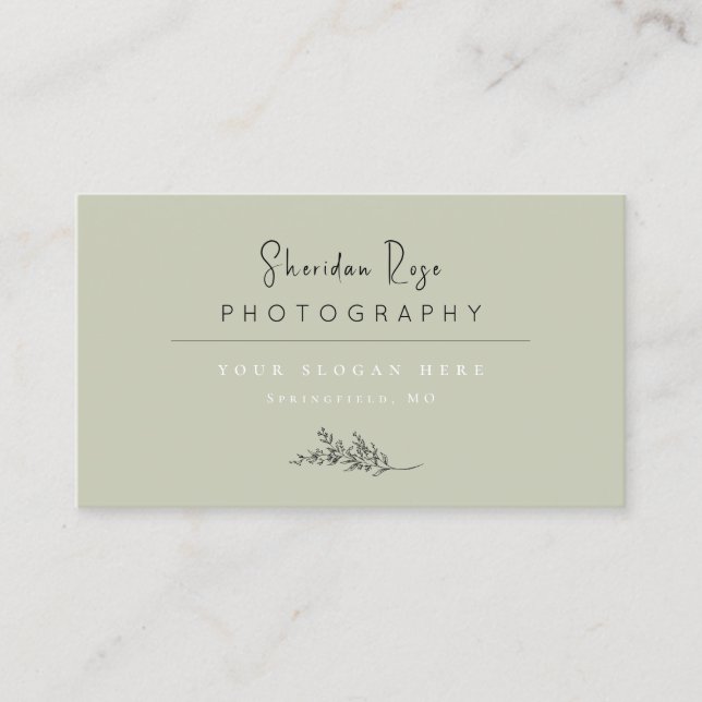 Sage Green Botanical with Black and White text Business Card (Front)