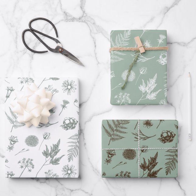 Sage Green Botanical Wrapping Paper Set (Front)