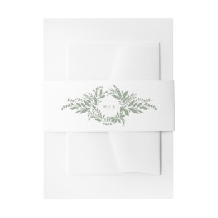 sage green botanical wreath monogram wedding invitation belly band