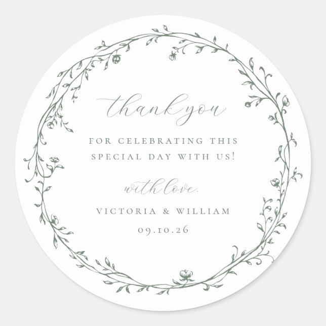 Sage Green Botanical Wreath Wedding Favor Classic Round Sticker (Front)