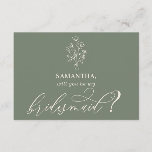 Sage green Bouquet Will you be my bridesmaid Enclosure Card