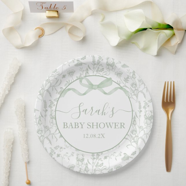 Sage Green Bow Baby Shower Boy Paper Plates (Wedding)
