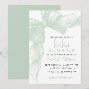 Sage Green Bow Baby Shower Invitation