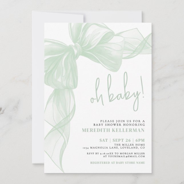 Sage Green Bow Baby Shower Invitation (Front)
