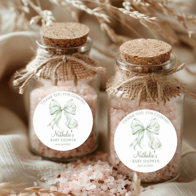 Sage Green Bow Baby Shower Thank you for coming Classic Round Sticker (Creator Uploaded)