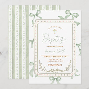 Sage Green Bow Baptism Invitation