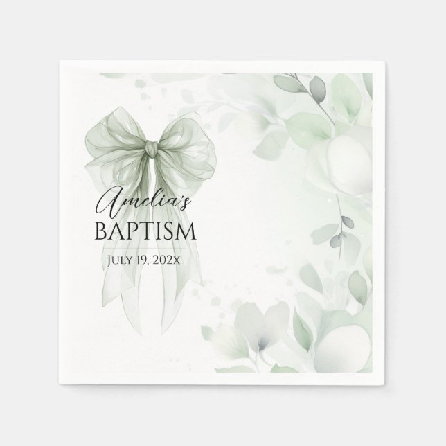 Sage Green Bow Baptism Napkins (Front)